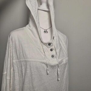 Eileen Fisher 100% Linen Eggshell White Pullover Hooded Costal Chic Sweatshirt M